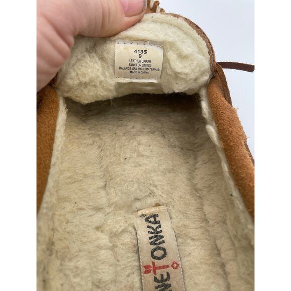 Minnetonka Mens Suede Moccasin Slippers Brown Faux Fur Lined Size 9 Heritage